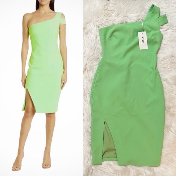 Likely Revolve One Shoulder Packard Cocktail Sheath Dress 6 Neon Green Pistachio